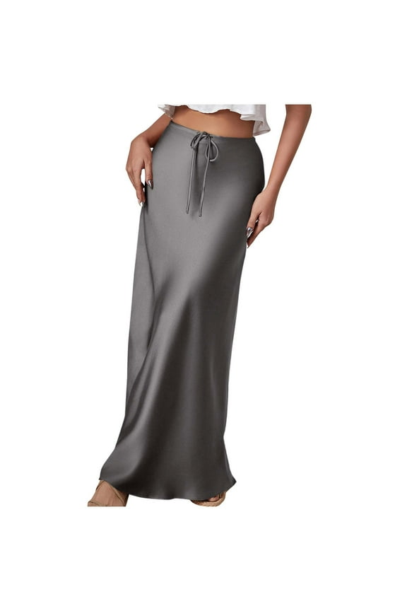 Womens Satin Maxi Skirts Casual Silk High Waisted Drawstring Long Skirts Elegant Stretchy Flowy Cocktail Party Wedding Pencils Skirts