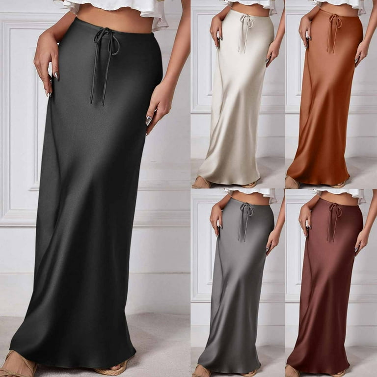 qolati Womens Satin Maxi Skirts Casual Silk High Waisted