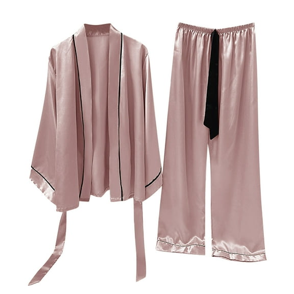 qolati Womens Satin Pajama Sets 2 Piece qolati Silk Robe Cardigan and Long Pants Lounge Set Lightweight Soft PJs Sleepwear Set