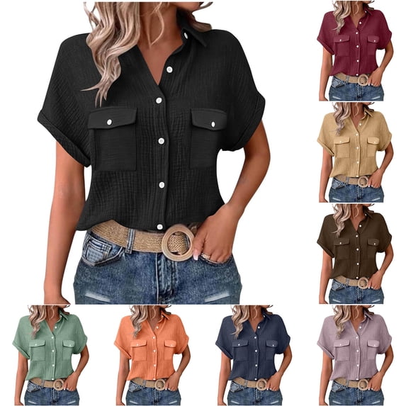 qolati Womens Short Sleeve Shirts Roll On Sleeve Button Down Blouse Dressy Casual Double Ruched Summer Spring Business Work Tops Navy L