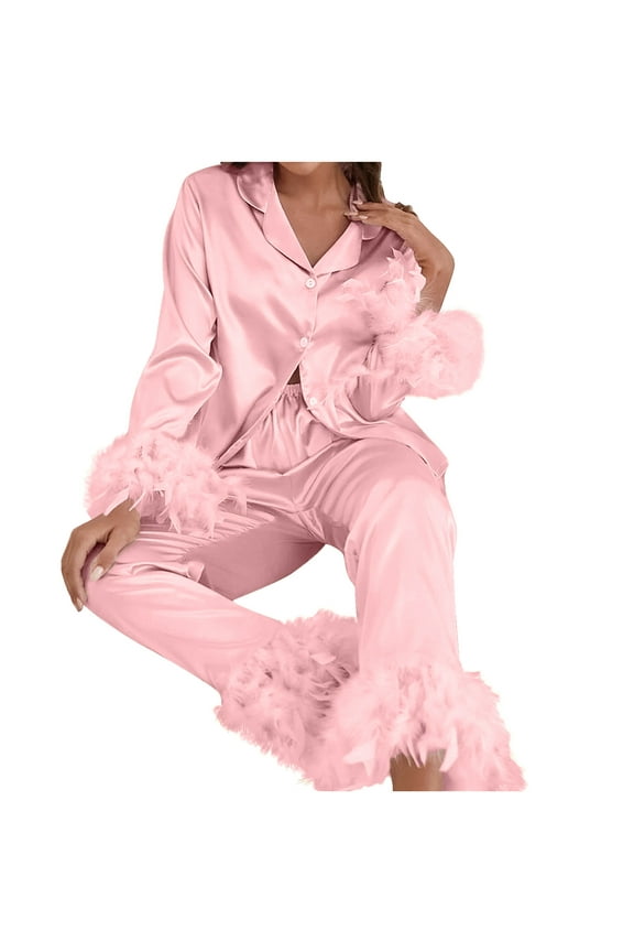Womens Silk Pajama Sets Soft Satin Furry Trim Button Down Shirt and Long Pant Nightwear 2 Piece Long Sleeve Pjs Sleepwear Lounge Sets
