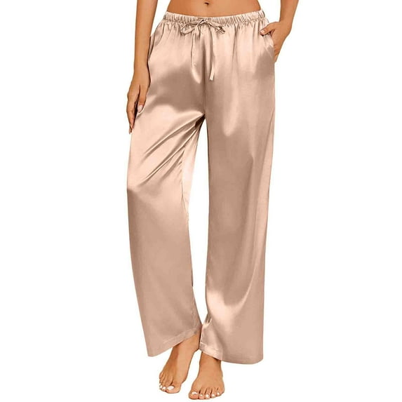 qolati Womens Silk Satin Pajama Pants Casual Loose Lounge Pants Lightweight Drawstring Elastic Waist Wide Leg Pjs Bottoms with Pockets