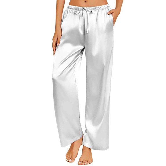 qolati Womens Silk Satin Pajama Pants Casual Loose Lounge Pants Lightweight Drawstring Elastic Waist Wide Leg Pjs Bottoms with Pockets