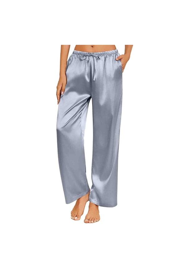 Womens Silk Satin Pajama Pants Casual Loose Lounge Pants Lightweight Drawstring Elastic Waist Wide Leg Pjs Bottoms with Pockets