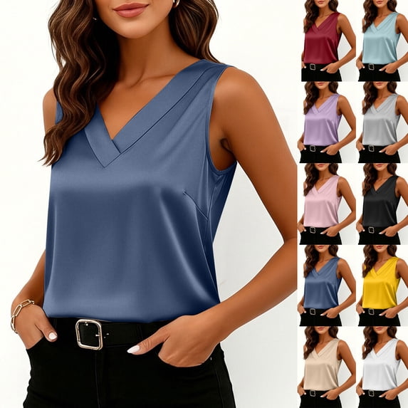 qolati Womens Silk Satin Tank Tops V Neck Dressy Casual Cami Sleeveless Camisole Blouses Elegant Summer Basic Work ShirtBeigeM