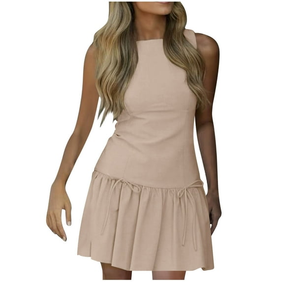 qolati Womens Sleeveless Pleated Dress Drop Waist A Line Solid Color Flowy Mini Tank Dress Pullover Boats Neck Bow Zipper Back Holiday Dresses