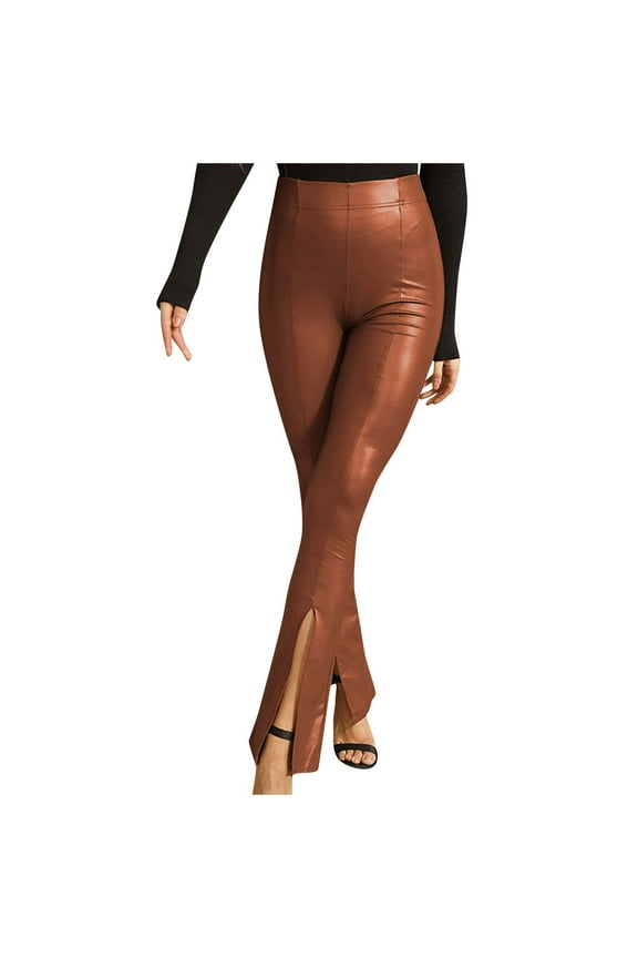 Womens Slim Fitted Faux Leather Legging Stretchy High Waist Slit Hem Pencil Pants Casual Skinny Business Work Office Tights