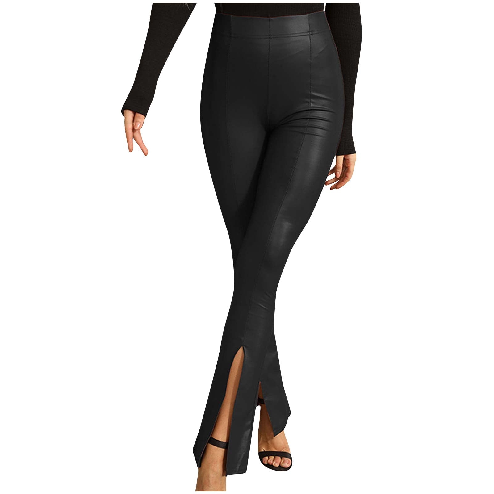 qolati Womens Slim Fitted Faux Leather Legging Stretchy High Waist Slit Hem Pencil Pants Casual Skinny Business Work Office Tights