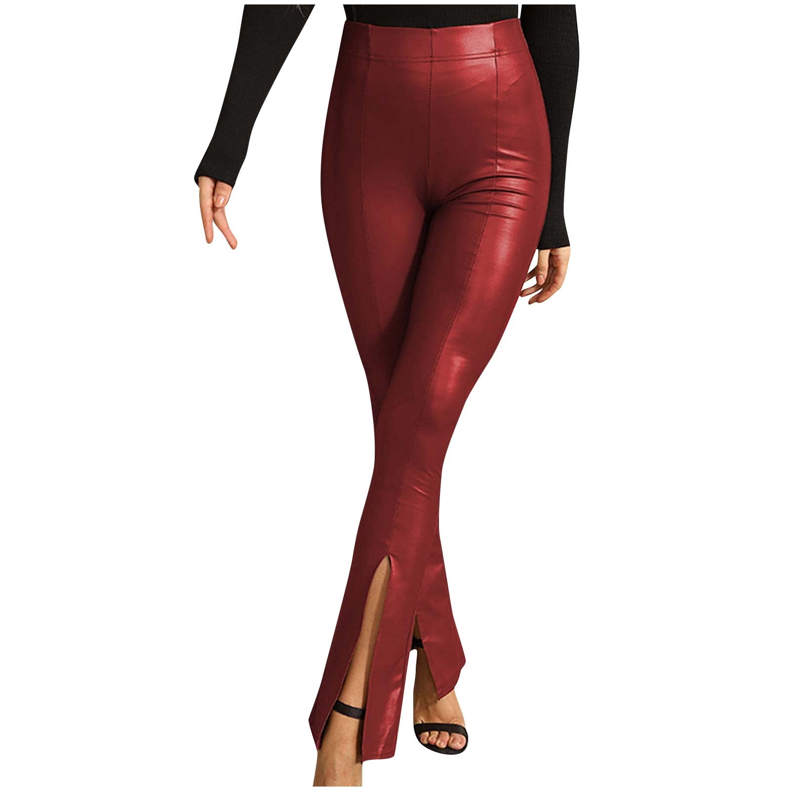 qolati Womens Slim Fitted Faux Leather Legging Stretchy High Waist Slit Hem Pencil Pants Casual Skinny Business Work Office Tights