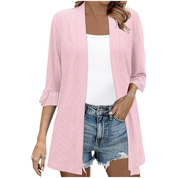 qolati Womens Summer Cardigan Jacquards Print 3/4 Sleeves Open Front Lightweight Cardigans Draped Ruffles Beach Vacation Cover Up Tops