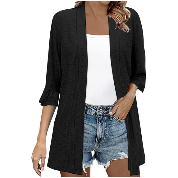 qolati Womens Summer Cardigan Jacquards Print 3/4 Sleeves Open Front Lightweight Cardigans Draped Ruffles Beach Vacation Cover Up Tops