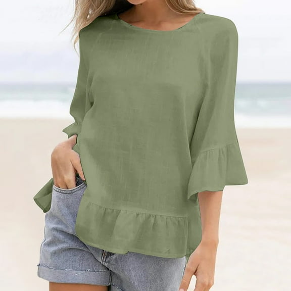 qolati Womens Summer Tops 2023 Casual Loose Fit Cotton Linen Ruffle Sleeve Shirts Lightweight Solid Color 3/4 Sleeve Flowy Fall Tees