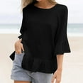 thumbnail image 1 of qolati Womens Summer Tops 2023 Casual Loose Fit Cotton Linen Ruffle Sleeve Shirts Lightweight Solid Color 3/4 Sleeve Flowy Fall Tees, 1 of 6