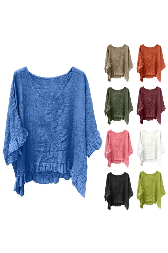 Womens Summer Tops Casual V Neck Ruffle Hem Blouse Short Sleeve Loose Fit Textured Boho Top Going Out Vacation Clothes Pink S