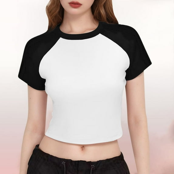qolati Womens Summer Tops Y2k Stretchy Short Sleeve T-Shirts Slim Fitted Raglan Color Block Crop Tops 2025 Basic Casual Tees