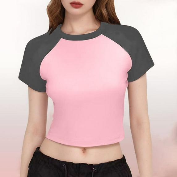 qolati Womens Summer Tops Y2k Stretchy Short Sleeve T-Shirts Slim Fitted Raglan Color Block Crop Tops 2025 Basic Casual Tees