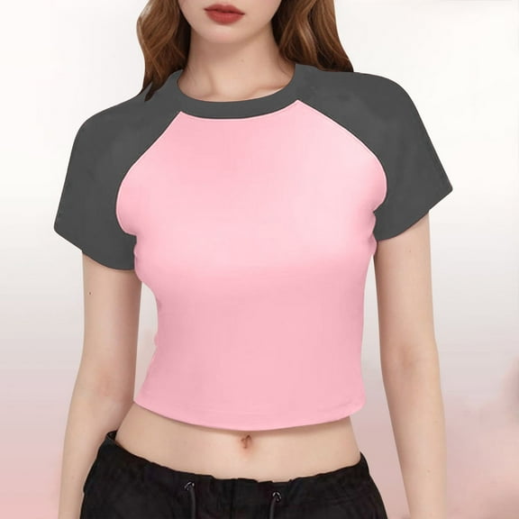 qolati Womens Summer Tops Y2k Stretchy Short Sleeve T-Shirts Slim Fitted Raglan Color Block Crop Tops 2025 Basic Casual Tees