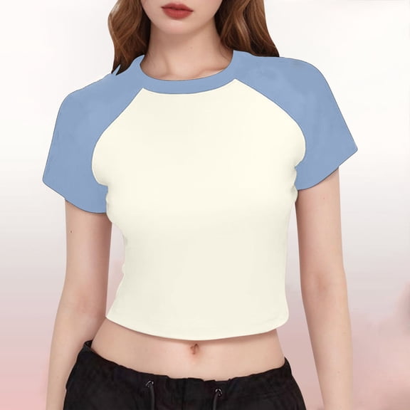 qolati Womens Summer Tops Y2k Stretchy Short Sleeve T-Shirts Slim Fitted Raglan Color Block Crop Tops 2025 Basic Casual Tees