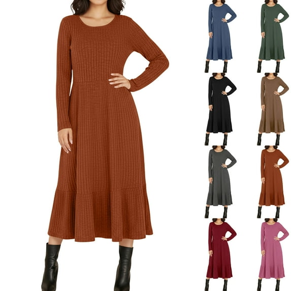 qolati Womens Sweater Dress Fall Long Sleeve Crewneck A Line Fit and Flare Ribbed Knit Long Dresses Elegant Ruffle Tiered Flowy Trendy Dresses Black L