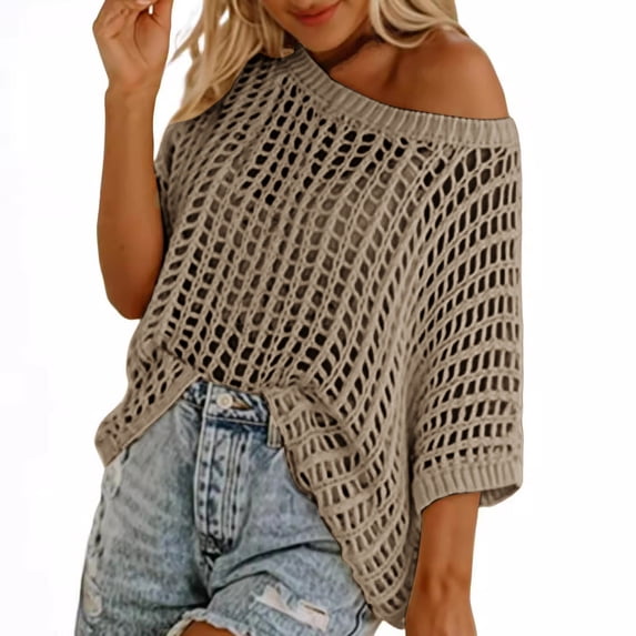 qolati Womens Sweater Scoop Neck 3/4 Length Sleeve Tunic Tops Casual Crochet Hollow Out Knit Pullover Shirts Dresses Coverup Khaki XXL