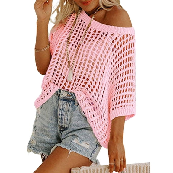 qolati Womens Sweater Scoop Neck 3/4 Length Sleeve Tunic Tops Casual Crochet Hollow Out Knit Pullover Shirts Dresses Coverup Pink L
