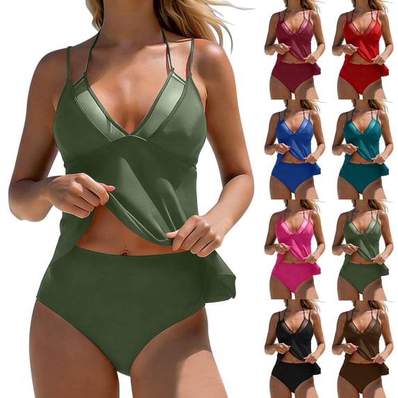 qolati Womens Swimsuits Tankini Two Piece Bathing Suits Full Coverage High Waisted Bikini Set Halter Adjustable Tie Back Beach Swimwear Brown M