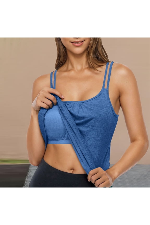 Womens Tank Tops with Built in Bra Soft Comfy Padded Workout Yoga Racerback Shelf Bra Casual Loose Spoon Neck Sleeveless Basic Undershirt