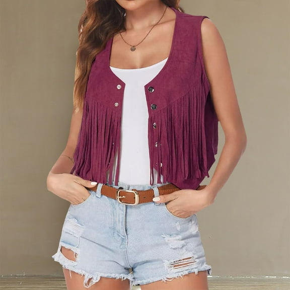 qolati Womens Tassel Vest 70s Hippie Sleeveless Open Front Fringe Jackets Vintage Crop Waistcoat Cardigan Vests