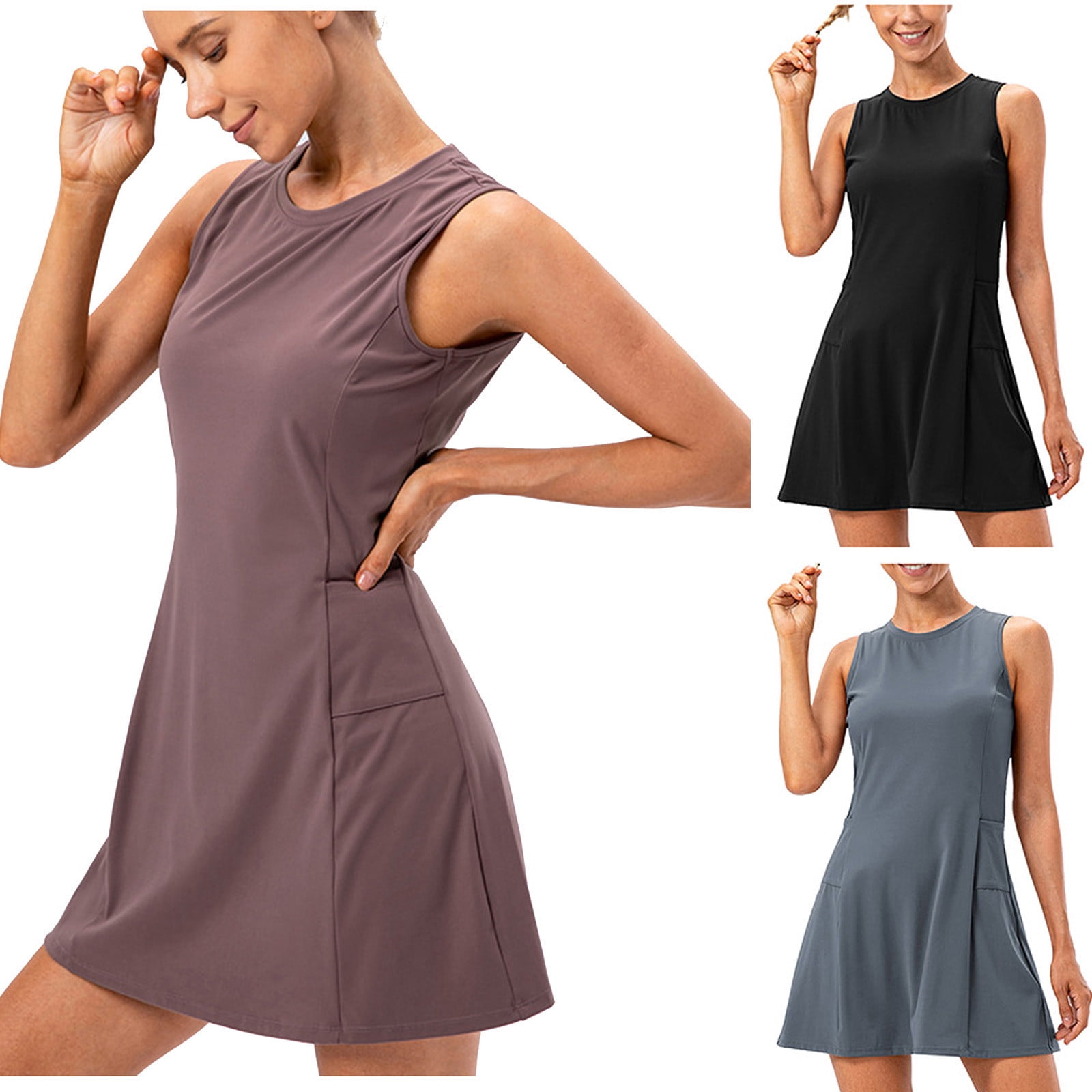 qolati Womens Tennis Dress Casual Crew Neck Workout Mini Dress Classic Fit Sleeveless Golf Athletic Dresses