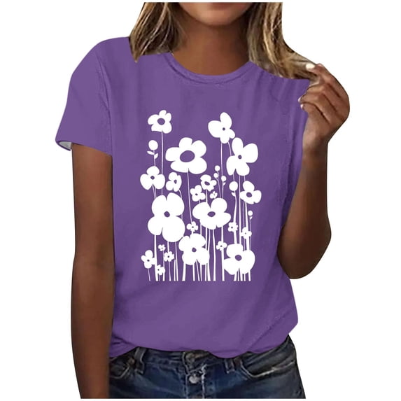 qolati Womens Tops 2024 Summer Crew Neck Short Sleeve Tunic Shirts Vintage Floral Print Casual Loose Fit T Shirts Trendy Blouses