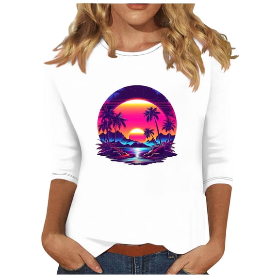qolati Womens Tops 3/4 Sleeve Crewneck Cute Shirts Casual Palm Tree Print Trendy Blouses 2024 Summer Hawaiian Pullover Blouse