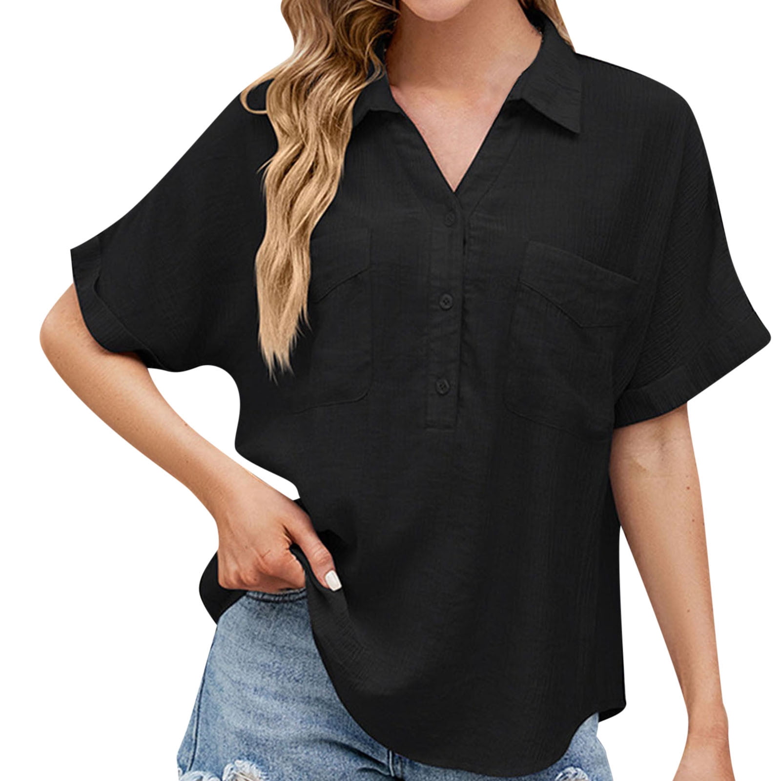 qolati Womens Tops Cotton Linen Short Sleeve Henleys Neck Button Dressy