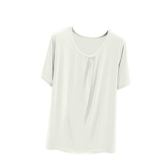 qolati Womens Tops Pleated Front Round Neck Short Sleeve Shirts Lightweight Casual Modal T-Shirts Classic Fit Summer Basic Tees