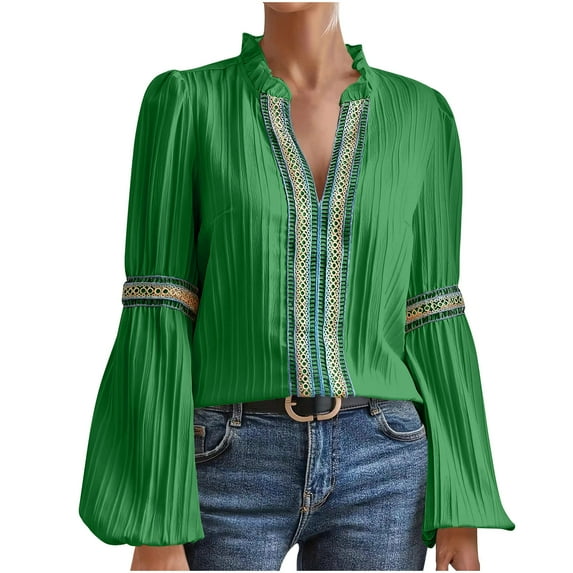 qolati Womens Tops Textured Lace Trim V Neck Long Sleeve Shirt Spring Summer Casual Vintage Tunic Blouse Top