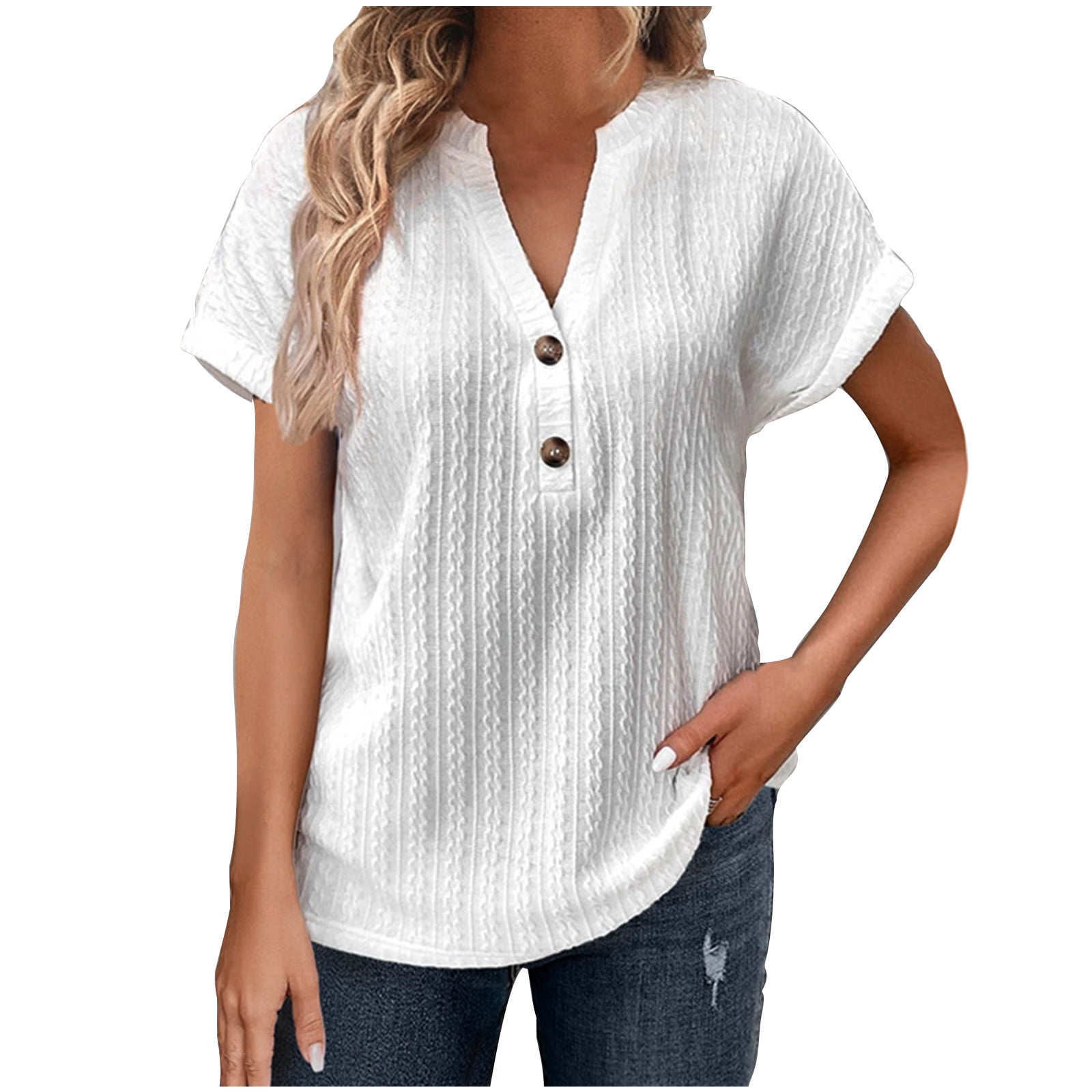 qolati Womens Tops Trendy V Neck Button Down Short Sleeve Henleys