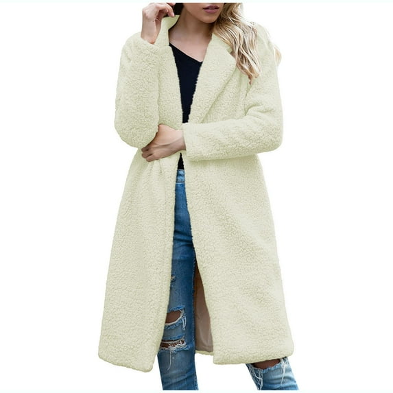 qolati Womens Trench Coats Fuzzy Fleece Winter Jacket Faux Furs Lapel Coat Open Front Long Sherpa Cardigan Teddy Coat