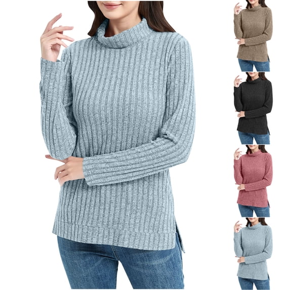 qolati Womens Turtleneck Tops Long Sleeve Shirts Lightweight Sweaters Fitted High Neck Ribbed Knit Side Slit Blouses Fall Fashion Outfits Purple M