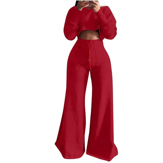 qolati Womens Two Piece Outfits Casual Long Sleeve Crop Pullover Tops Wide Legs Flare Pants Lounge Suit Y2k Fall Clothes Matching Sets