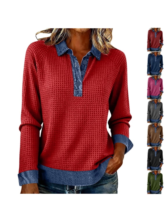 Womens Waffle Knit Tops Casual Long Sleeve Lapel Denim Patchwork Stitching Pullover Sweatshirts Half Button Jacquard Blouses Casual Office OutfitsRedS
