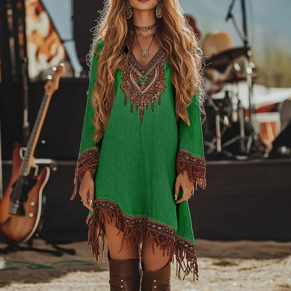 qolati Womens Western Cowgirls Dress Cowboy Boho Vintage Long Sleeve V Neck Fall Fringe Midi Dress Ethnic Style Embroidery High Low Hem Flowy Vacation Dresses