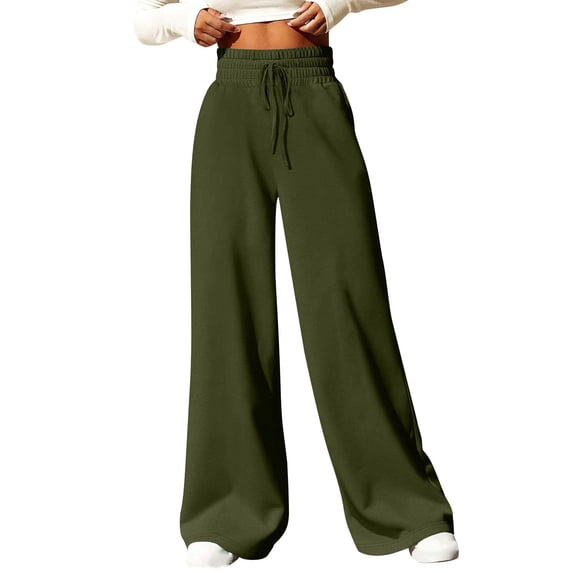 qolati Womens Wide Leg Sweatpants Baggy Lightweight High Waisted Workout Flare Pants Drawstring Athletic Casual Comfy Lounge Pants 2024 Army GreenS4