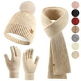 thumbnail image 1 of qolati Womens Winter Beanie Hat Scarf Gloves Set Warm Knit Beanie with Pompom Fleece Lined Knit Long Scarf Touchscreen Gloves 3 in 1 Set, 1 of 4