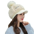 thumbnail image 1 of qolati Womens Winter Plush Beanie Hat with Brims Cute Warm Baseball Cap Snow Ski Skull Caps with Fuax Furs Pompom, 1 of 3