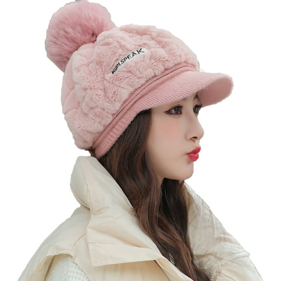qolati Womens Winter Plush Beanie Hat with Brims Cute Warm Baseball Cap Snow Ski Skull Caps with Fuax Furs Pompom
