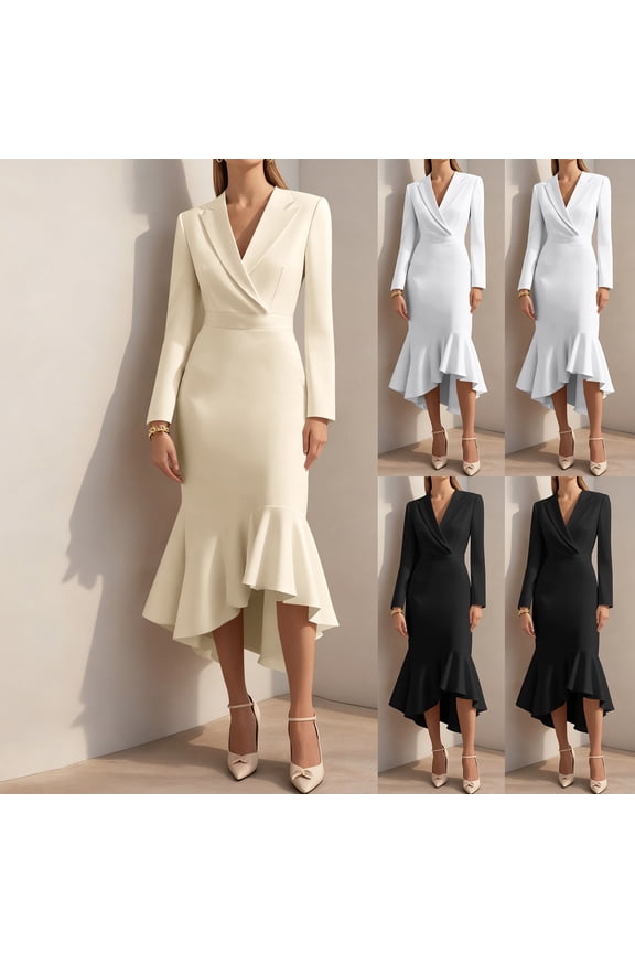 Womens Work Dresses Fall Elegant Bodycon Business Pencil Dress Asymmetrical Ruffle Hem Long Sleeve V Neck Sheath Wrap Office Midi Dress White M