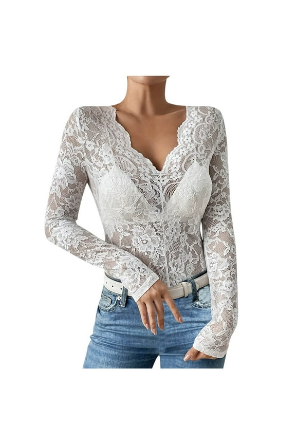 Womens Y2k Lace Tops See Throughs Sheer Mesh V-Neck Long Sleeve Crop Top Low Cut Floral Lace Slim Fit Shirt