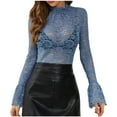 thumbnail image 1 of qolati Womens Y2k Lace Tops See Throughs Sheer Mesh V-Neck Long Sleeve Crop Top Low Cut Floral Lace Slim Fit Shirt, 1 of 8