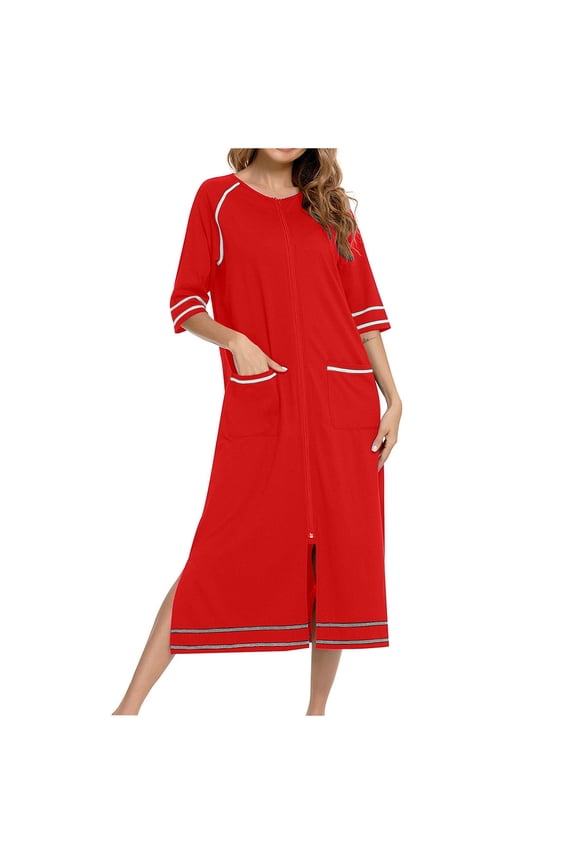 Womens Zipper Front Robes 3/4 Sleeve Housecoat Long Nightgowns Casual Loose Loungewear Soft Bathrobe Sleepwear with Pockets