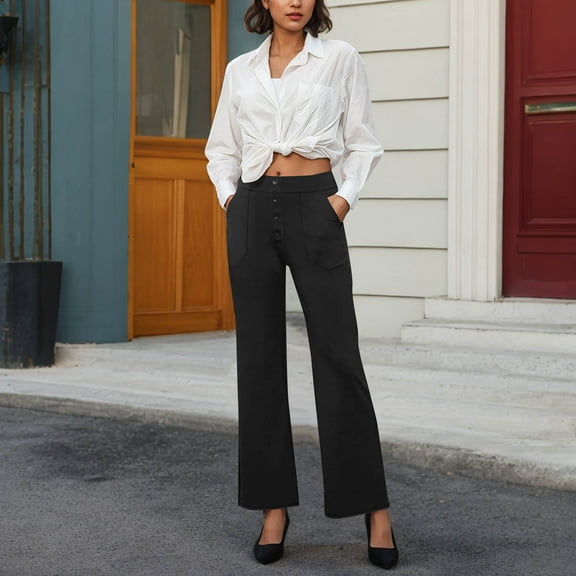 qolati Work Pants Women High Waisted Elastic Lounge Palazzo Pants Casual Straight Leg Stretchy Button Business Dress Pocket Trousers Black S