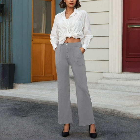 qolati Work Pants Women High Waisted Elastic Lounge Palazzo Pants Casual Straight Leg Stretchy Button Business Dress Pocket Trousers Gray XXL